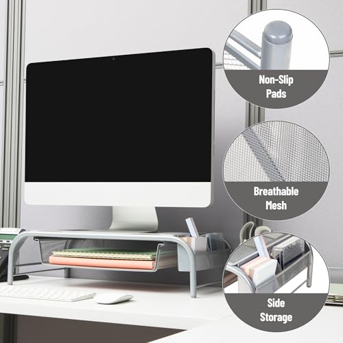 Mind Reader Monitor Stand, Ventilated Laptop Riser, Paper Tray, Storage, Office, Metal Mesh, 20"L x 11.5"W x 5.5"H, Silver - Image 4