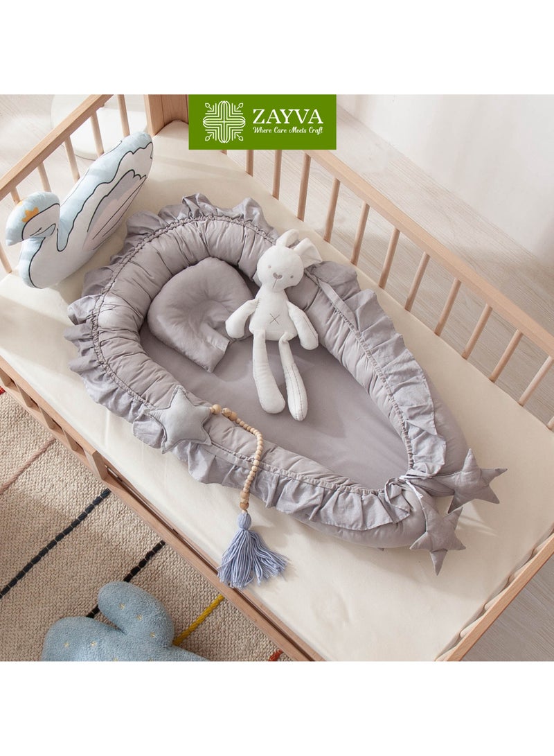 زاڤية سرير الأطفال حديثي الولادة - سرير محمول للنوم المشترك مع وسادة مريحة وعش دافئ - للأولاد والبنات الرضع (0-12 شهرًا) رمادي - Image 1