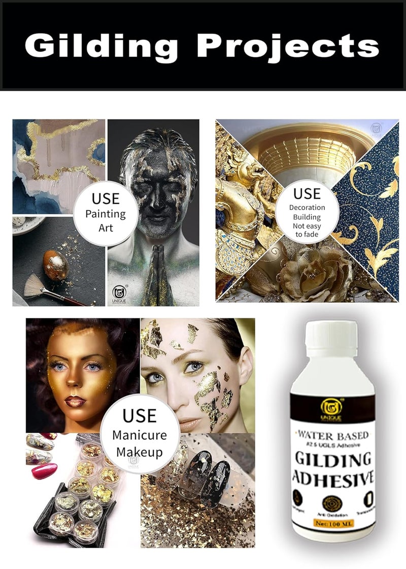 Unique Gold Leafing Studio ورق الذهب الإيطالي UGLS 14x14 سم 50 ورقة وورق الذهب والفضة والنحاس المقلد 300 ورقة (8 سم × 8 سم) ولاصق 100 مل - لاصق التذهيب - ورق الذهب للتذهيب، فن الراتنج Epoxy - Image 5