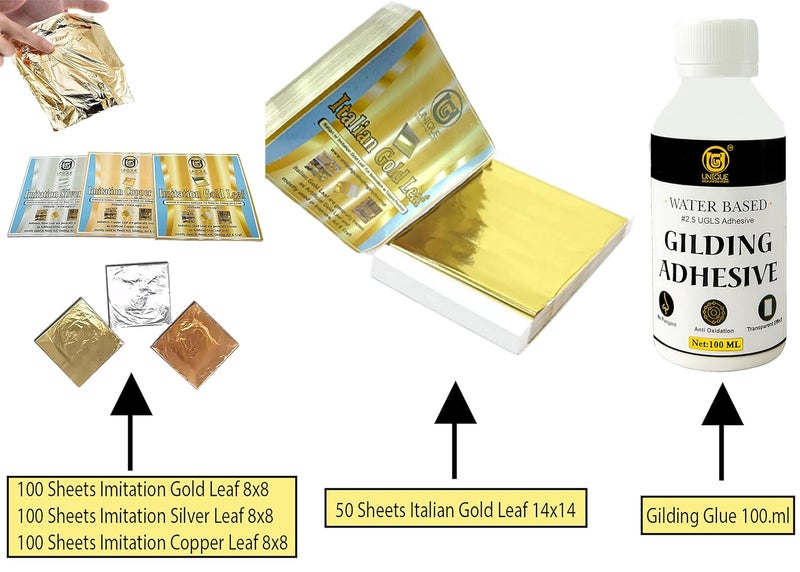 Unique Gold Leafing Studio ورق الذهب الإيطالي UGLS 14x14 سم 50 ورقة وورق الذهب والفضة والنحاس المقلد 300 ورقة (8 سم × 8 سم) ولاصق 100 مل - لاصق التذهيب - ورق الذهب للتذهيب، فن الراتنج Epoxy - Image 2