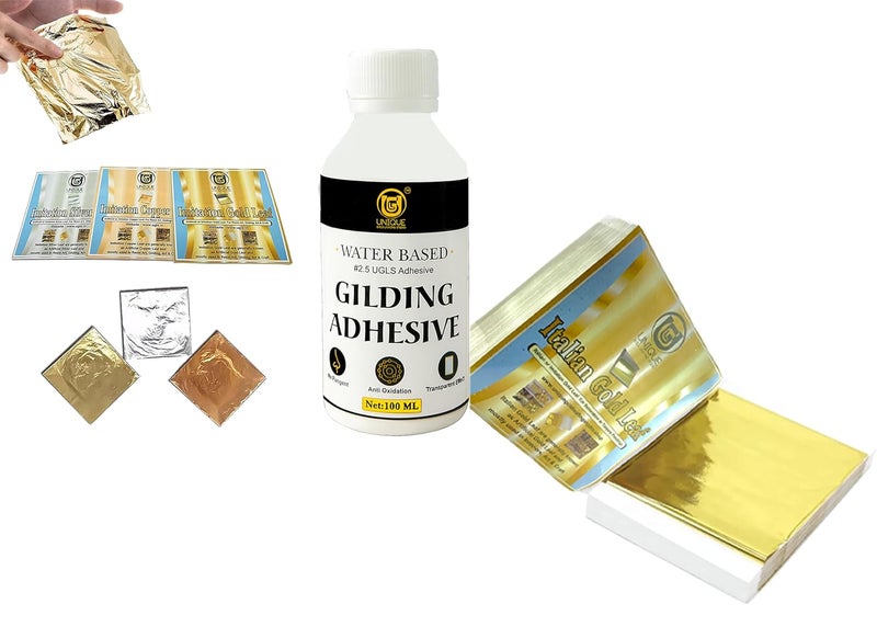 Unique Gold Leafing Studio ورق الذهب الإيطالي UGLS 14x14 سم 50 ورقة وورق الذهب والفضة والنحاس المقلد 300 ورقة (8 سم × 8 سم) ولاصق 100 مل - لاصق التذهيب - ورق الذهب للتذهيب، فن الراتنج Epoxy - Image 1