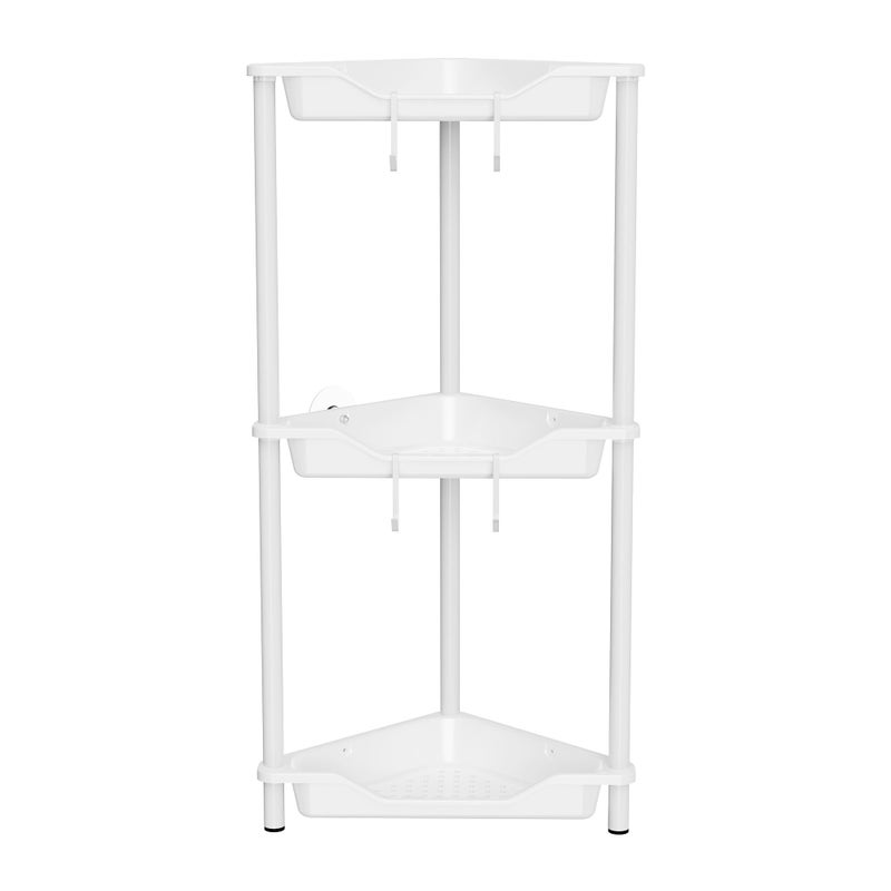 Orimade Rustproof 3 Tier Floor Standing Corner Shower Caddy Organizer Plastic Metal Splicing Floor Corner Shelf Rack Stands for Bathroom White