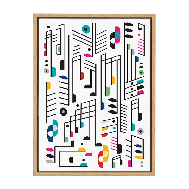 Kate and Laurel Kate and Laurel Sylvie Music Notes White Background Framed Canvas Wall Art by Rachel Lee 18x24 Natural Colorful Abstract Home Decor 