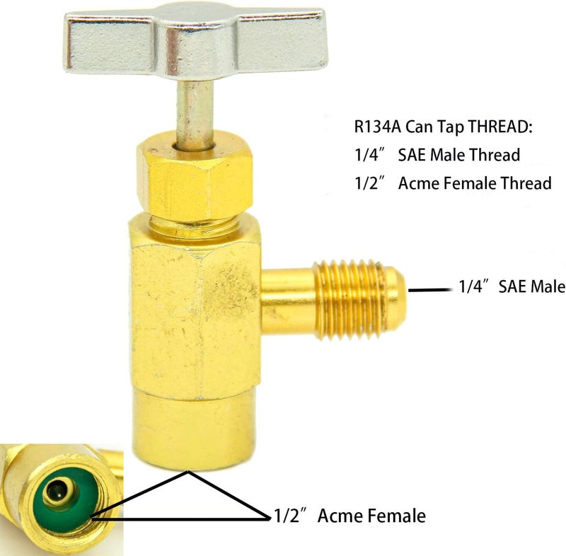 مفتاح علبة R134a، نوع العلب القابلة للثقب، مع خيط ذكر SAE 1/4 بوصة لتوصيل مشعب R12، أداة صمام R134A فتحة زجاجة 1/2 بوصة أنثى، ذكر SAE 1/4 بوصة، لتركيب خرطوم مكيف هواء السيارة - Image 2