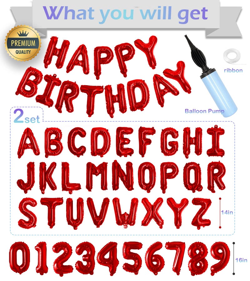 Awfrky 76pcs Happy Birthday Balloon Banner, Red Balloons Letters, Personalized 16" Mylar Foil Birthday Decorations includes 2 Sets A- Z, 1 set Number 0-9 and "HAPPY BIRTHDAY" letters (with Balloon Pump) - Image 2