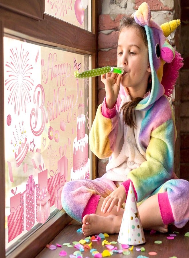 Whaline 6 Sheet Happy Birthday Window Clings Pink Birthday Cake Balloon Firework Reusable Window Decals for Party Anniversary Home School Decor - Image 2