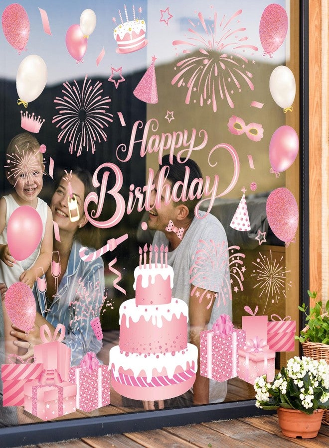 Whaline 6 Sheet Happy Birthday Window Clings Pink Birthday Cake Balloon Firework Reusable Window Decals for Party Anniversary Home School Decor - Image 3
