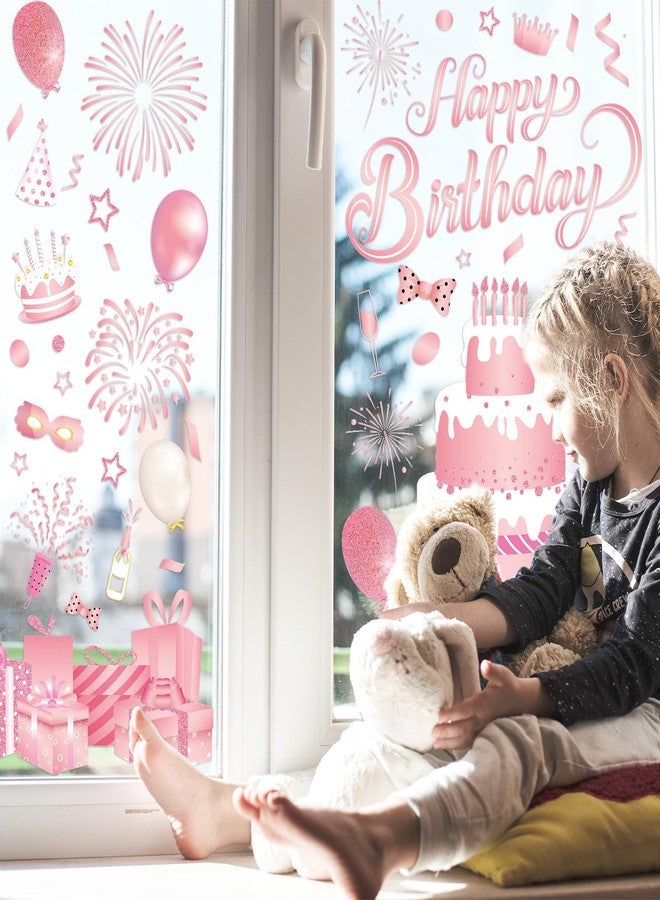 Whaline 6 Sheet Happy Birthday Window Clings Pink Birthday Cake Balloon Firework Reusable Window Decals for Party Anniversary Home School Decor - Image 4