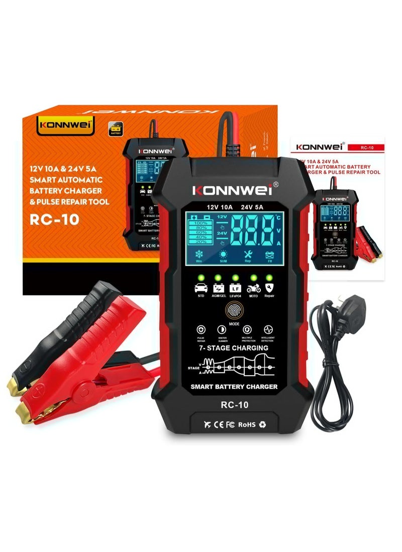 Konnwei - 12V 10A 24V 5A Car Battery Charger, 7 Stage Battery Pulse Repair GEL/AGM/WET/ LiFePo4/ Lithium/Lead Acid/Deep-Cycle Batteries, Smart Fully Automatic Battery Charger for Car Truck Motorcycle Boat - Image 1