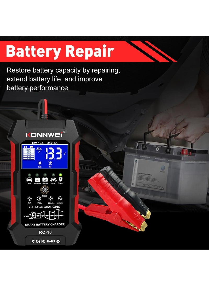 Konnwei - 12V 10A 24V 5A Car Battery Charger, 7 Stage Battery Pulse Repair GEL/AGM/WET/ LiFePo4/ Lithium/Lead Acid/Deep-Cycle Batteries, Smart Fully Automatic Battery Charger for Car Truck Motorcycle Boat - Image 1