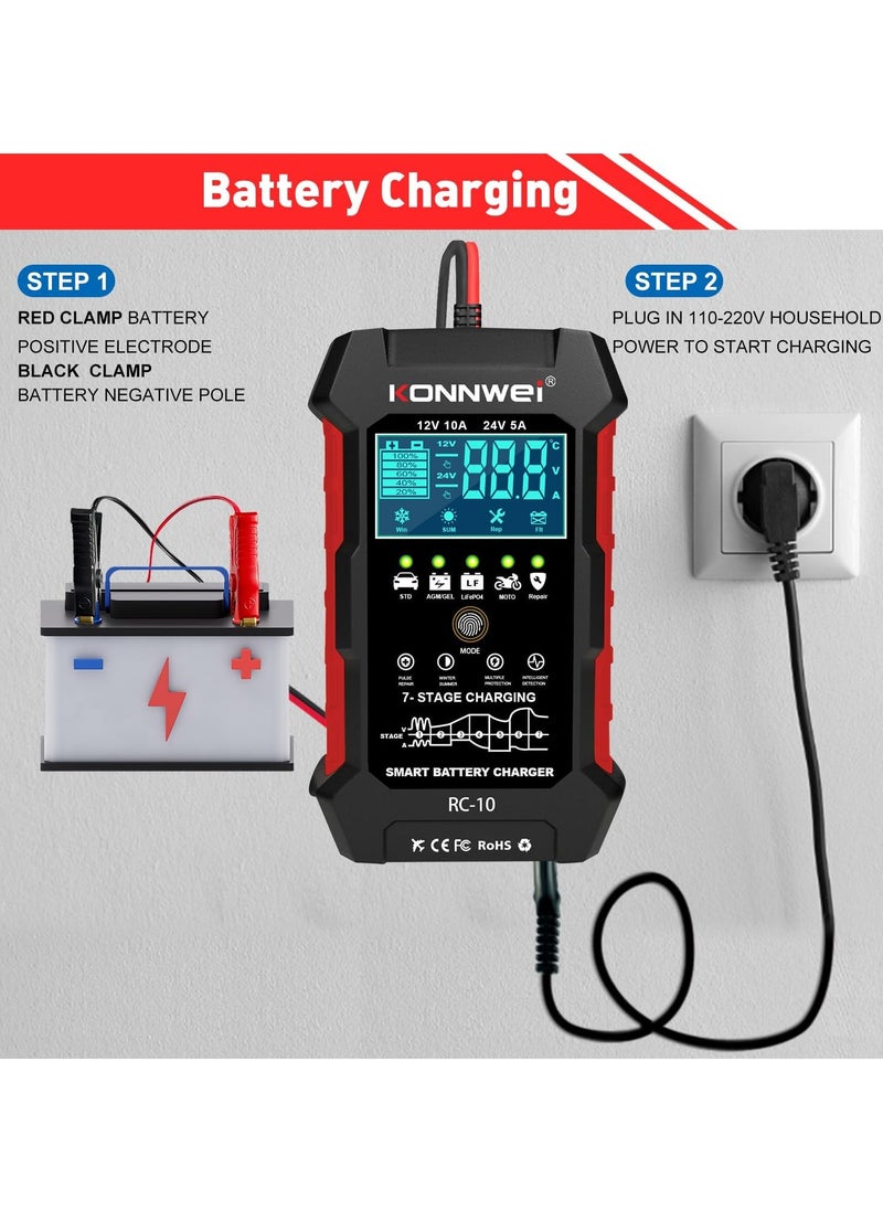Konnwei - 12V 10A 24V 5A Car Battery Charger, 7 Stage Battery Pulse Repair GEL/AGM/WET/ LiFePo4/ Lithium/Lead Acid/Deep-Cycle Batteries, Smart Fully Automatic Battery Charger for Car Truck Motorcycle Boat - Image 1