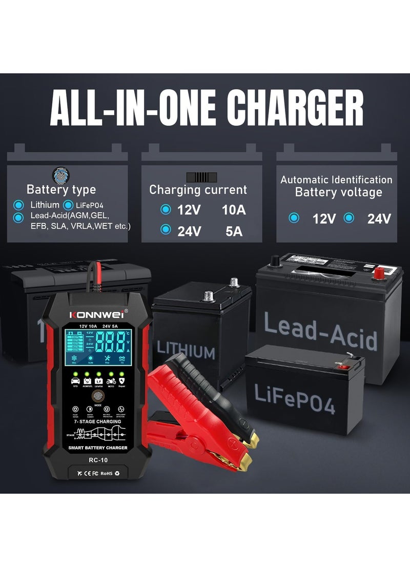 Konnwei - 12V 10A 24V 5A Car Battery Charger, 7 Stage Battery Pulse Repair GEL/AGM/WET/ LiFePo4/ Lithium/Lead Acid/Deep-Cycle Batteries, Smart Fully Automatic Battery Charger for Car Truck Motorcycle Boat - Image 1
