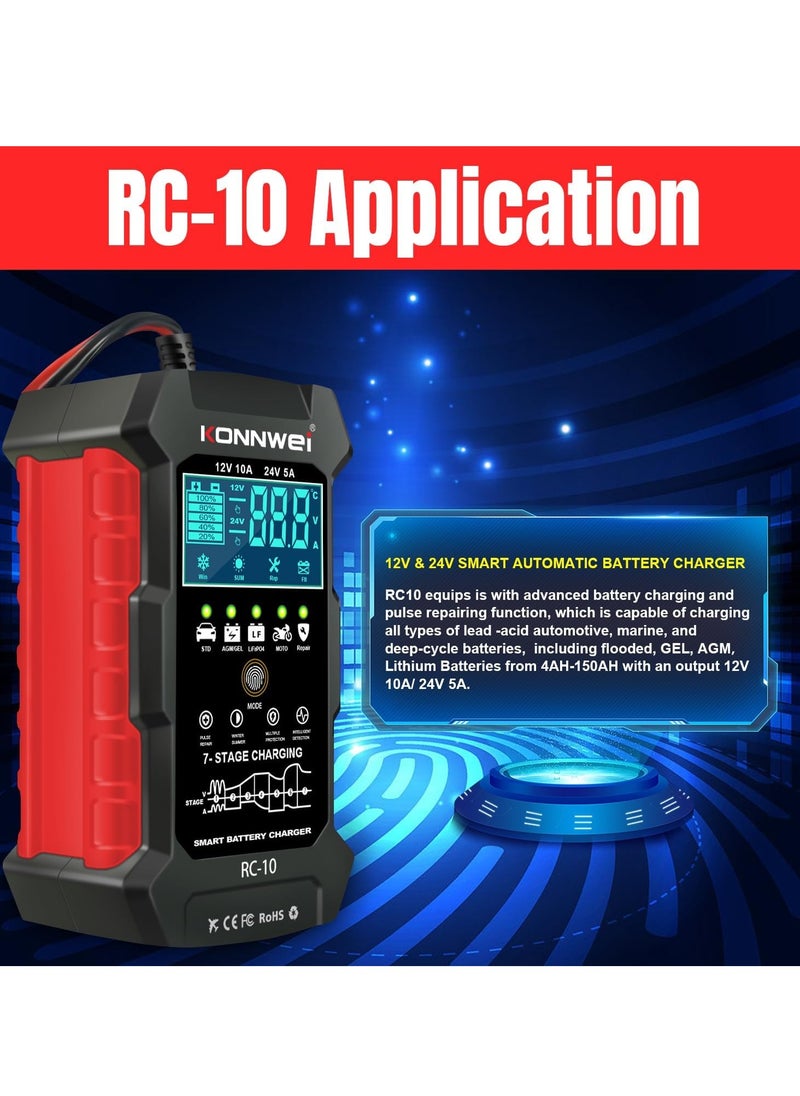 Konnwei - 12V 10A 24V 5A Car Battery Charger, 7 Stage Battery Pulse Repair GEL/AGM/WET/ LiFePo4/ Lithium/Lead Acid/Deep-Cycle Batteries, Smart Fully Automatic Battery Charger for Car Truck Motorcycle Boat - Image 1