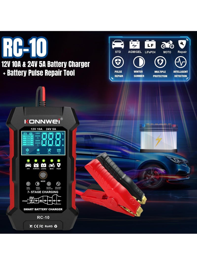 Konnwei - 12V 10A 24V 5A Car Battery Charger, 7 Stage Battery Pulse Repair GEL/AGM/WET/ LiFePo4/ Lithium/Lead Acid/Deep-Cycle Batteries, Smart Fully Automatic Battery Charger for Car Truck Motorcycle Boat - Image 1