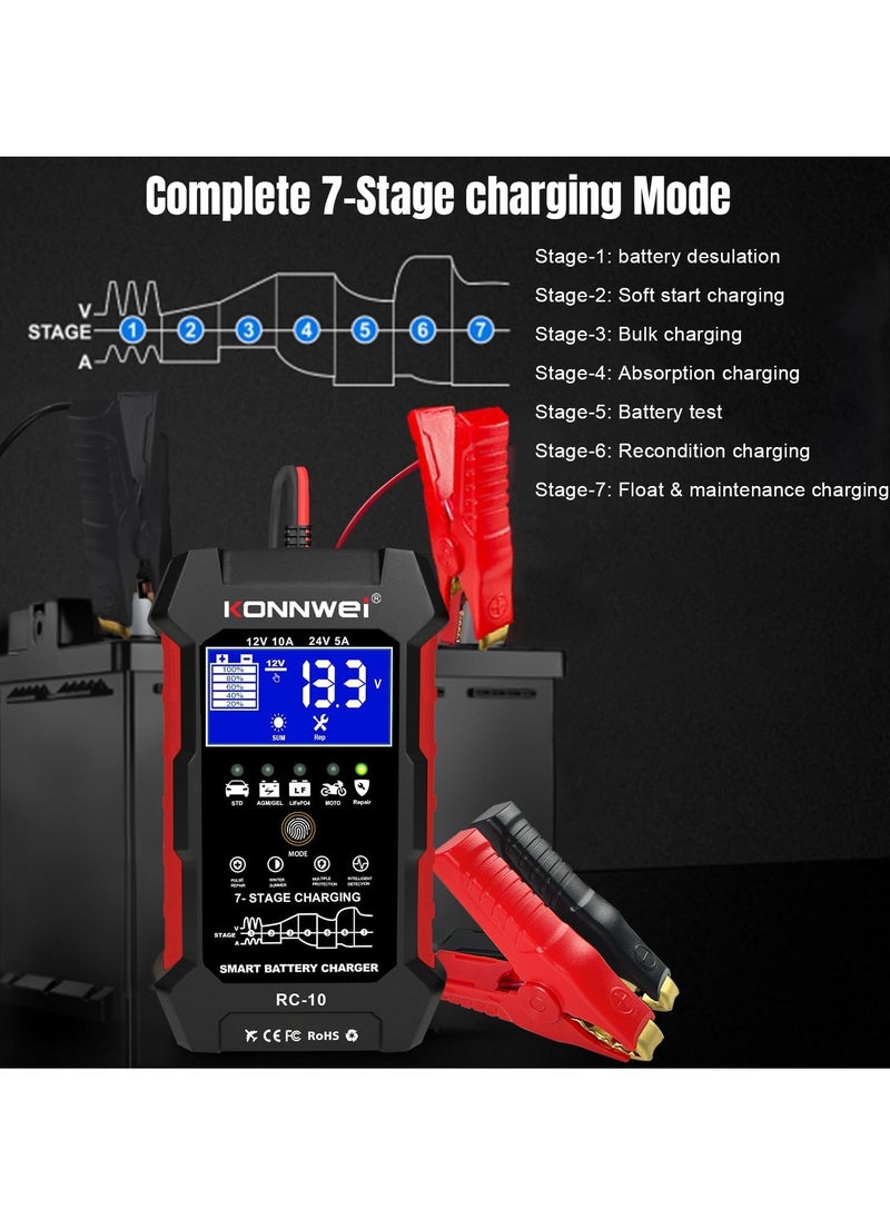 Konnwei - 12V 10A 24V 5A Car Battery Charger, 7 Stage Battery Pulse Repair GEL/AGM/WET/ LiFePo4/ Lithium/Lead Acid/Deep-Cycle Batteries, Smart Fully Automatic Battery Charger for Car Truck Motorcycle Boat - Image 1