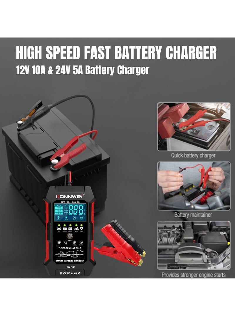 Konnwei - 12V 10A 24V 5A Car Battery Charger, 7 Stage Battery Pulse Repair GEL/AGM/WET/ LiFePo4/ Lithium/Lead Acid/Deep-Cycle Batteries, Smart Fully Automatic Battery Charger for Car Truck Motorcycle Boat - Image 1
