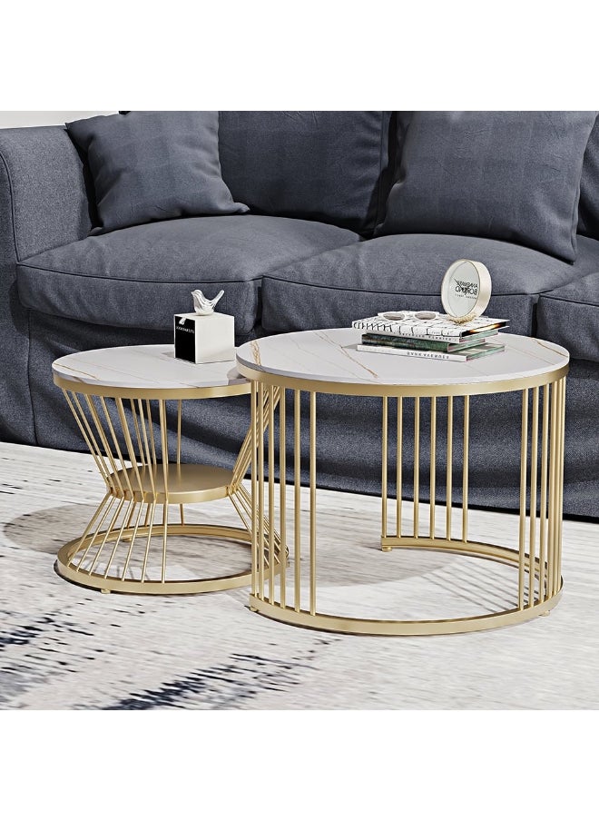 woodx Set of 2 High-End Nesting Coffee Tables – White Faux Marble Top – Gold Steel Frame  - Image 2