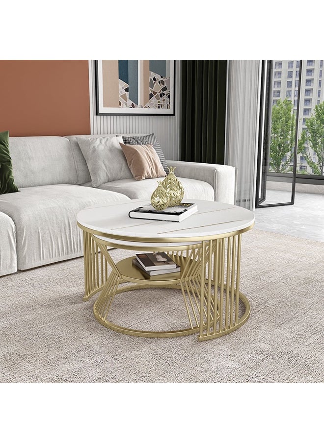 woodx Set of 2 High-End Nesting Coffee Tables – White Faux Marble Top – Gold Steel Frame  - Image 3