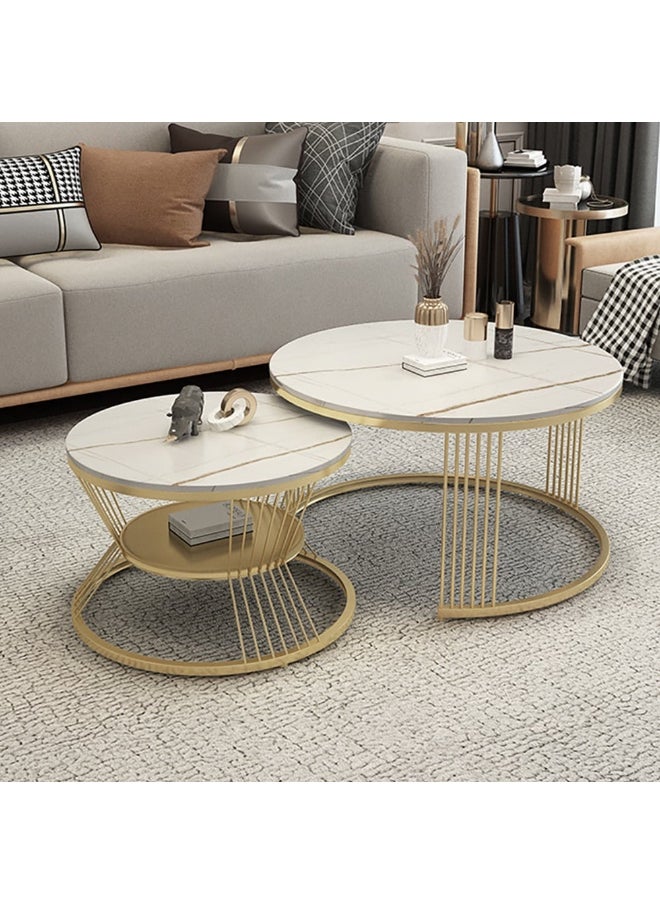 woodx Set of 2 High-End Nesting Coffee Tables – White Faux Marble Top – Gold Steel Frame  - Image 1