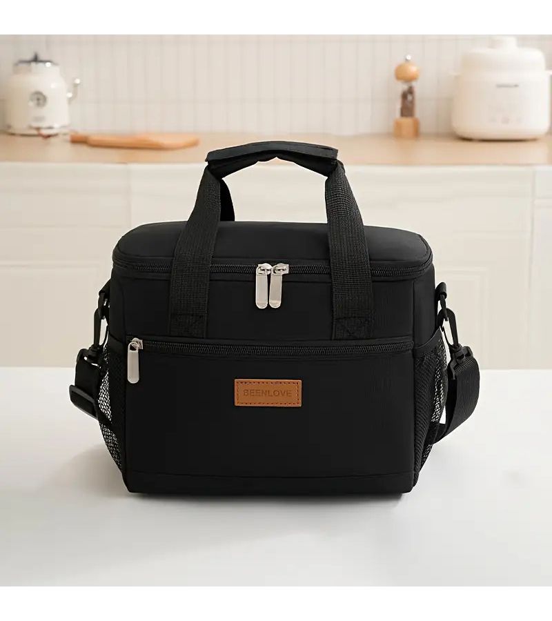 Black Large Capacity Insulated Lunch Bag With Sturdy Handles Adjustable Shoulder Strap Portable Cooler Box For Office Camping Travel Outdoor - Image 1
