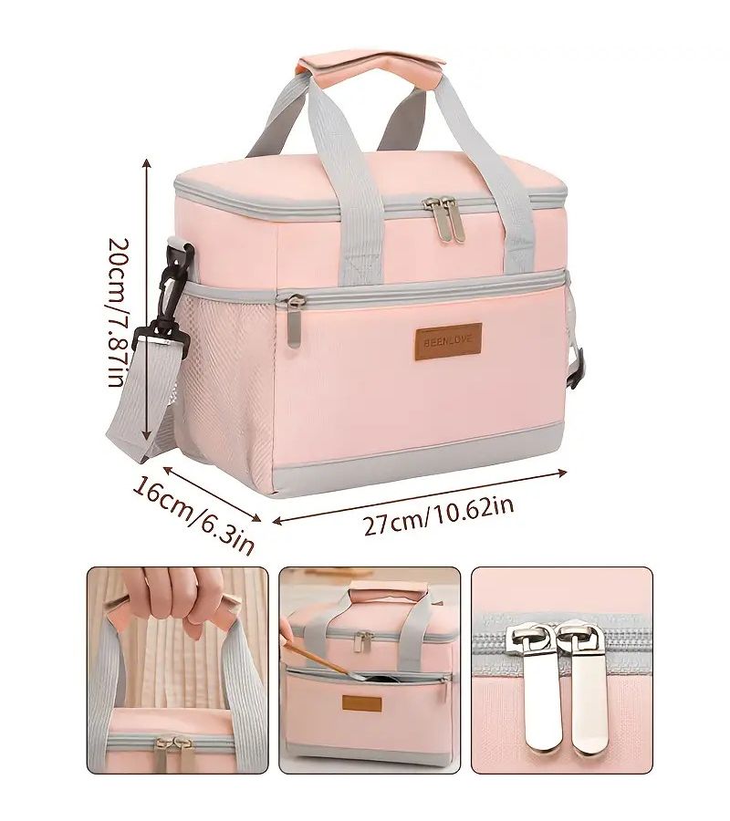 Black Large Capacity Insulated Lunch Bag With Sturdy Handles Adjustable Shoulder Strap Portable Cooler Box For Office Camping Travel Outdoor - Image 3