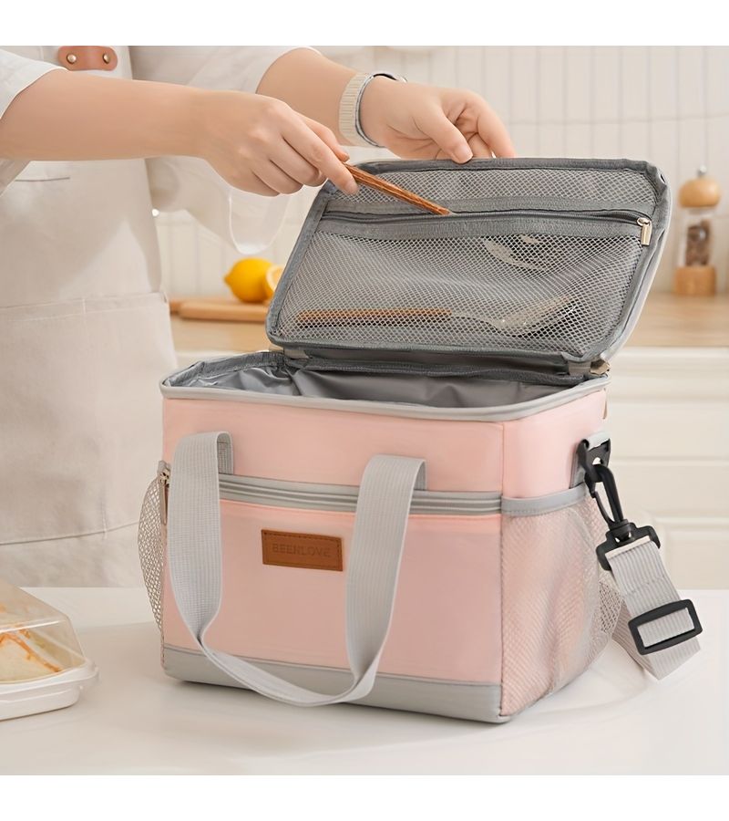 Black Large Capacity Insulated Lunch Bag With Sturdy Handles Adjustable Shoulder Strap Portable Cooler Box For Office Camping Travel Outdoor - Image 5