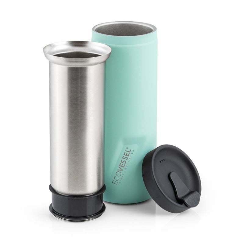 EcoVessel Travel French Press, Portable Coffee Maker, Stainless Steel Insulated Coffee Press, Reusable Single Serve Bottle for On-The-Go Use, 14oz (Mint) - Image 1