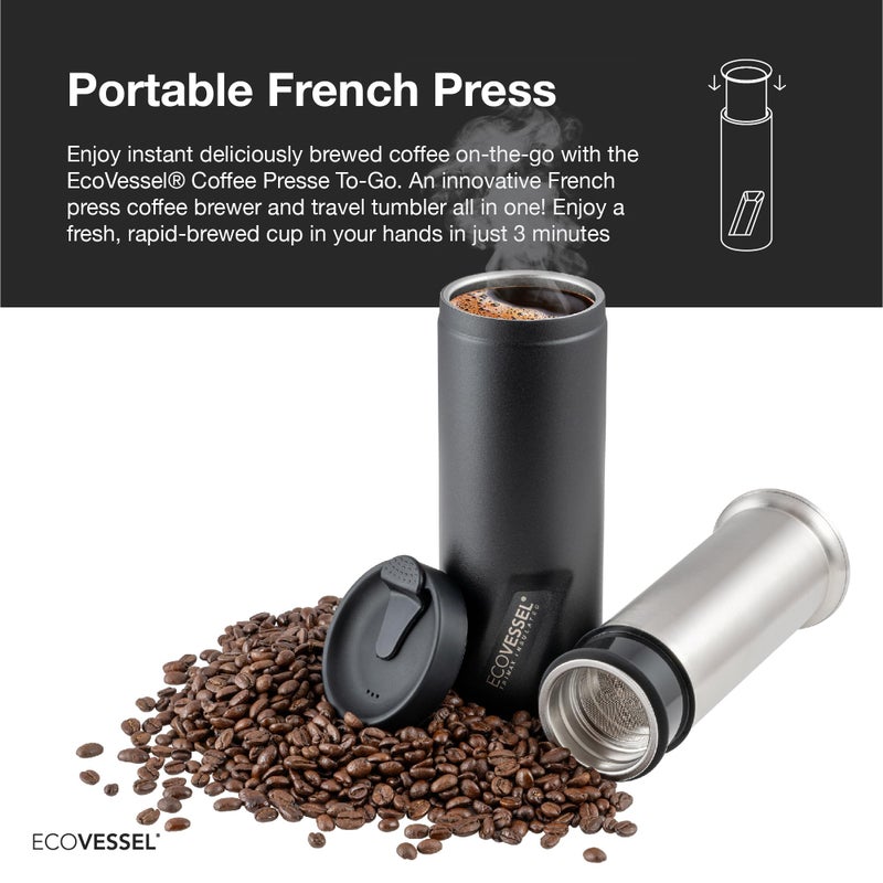 EcoVessel Travel French Press, Portable Coffee Maker, Stainless Steel Insulated Coffee Press, Reusable Single Serve Bottle for On-The-Go Use, 14oz (Mint) - Image 2