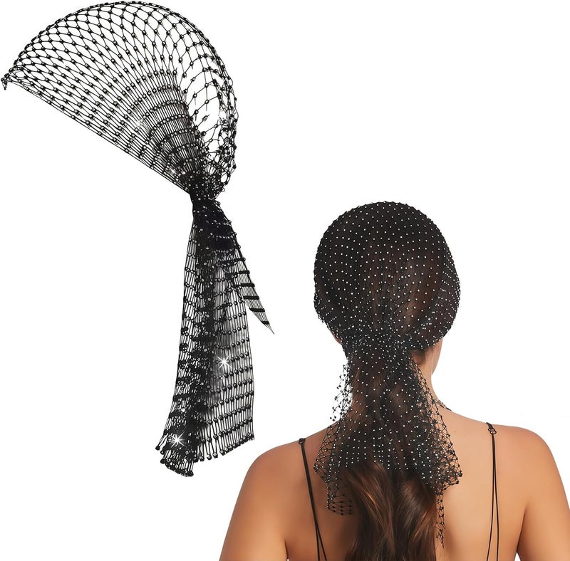 VASANA Women Black Mesh Rhinestones Headband Sparkly Head Scarf Glitter Fishnet Diamond Headpiece Crystal Nightclub Headwrap Rave Hair Accessories - Image 1