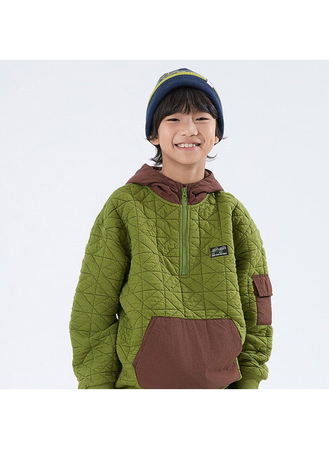 Mipo Sandwich Padded Hoodie Kids Autumn Winter Colorblock Lightweight Warm Sweatshirt Green 140cm - Image 1