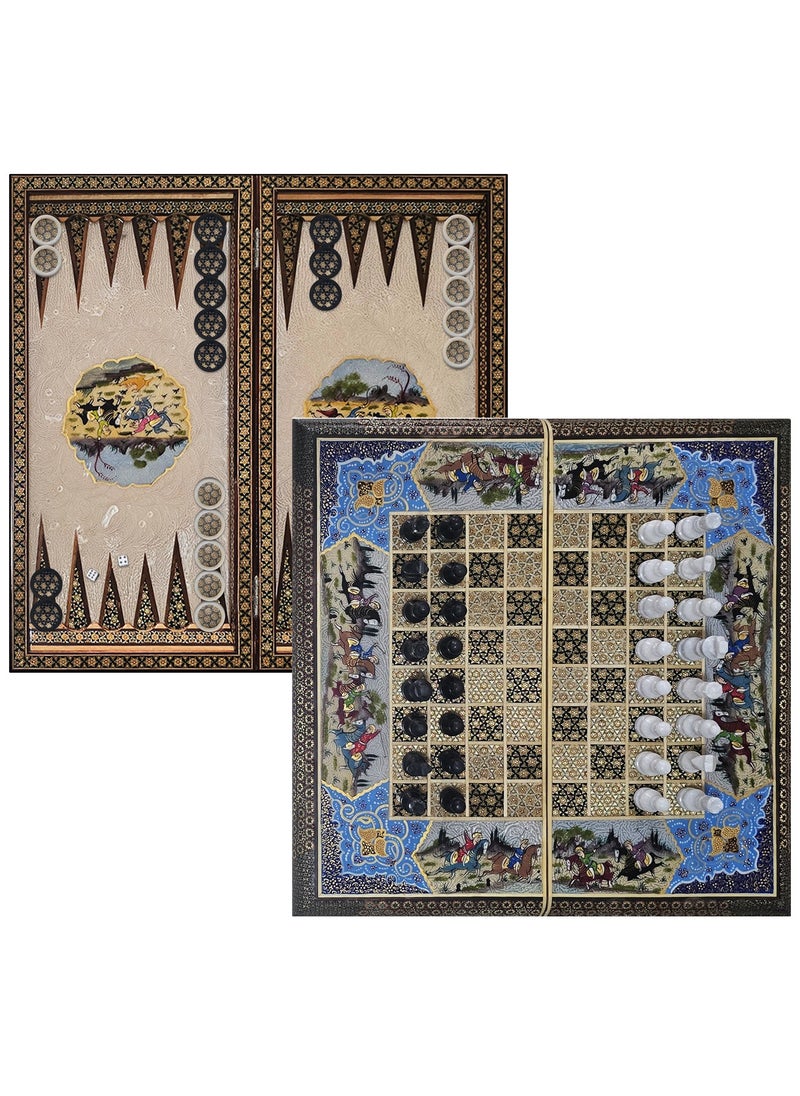 MARGOUN - Handmade Khatam Chess and backgammon Set with Marble Stone Pieces – A Timeless Masterpiece Blue - Image 1