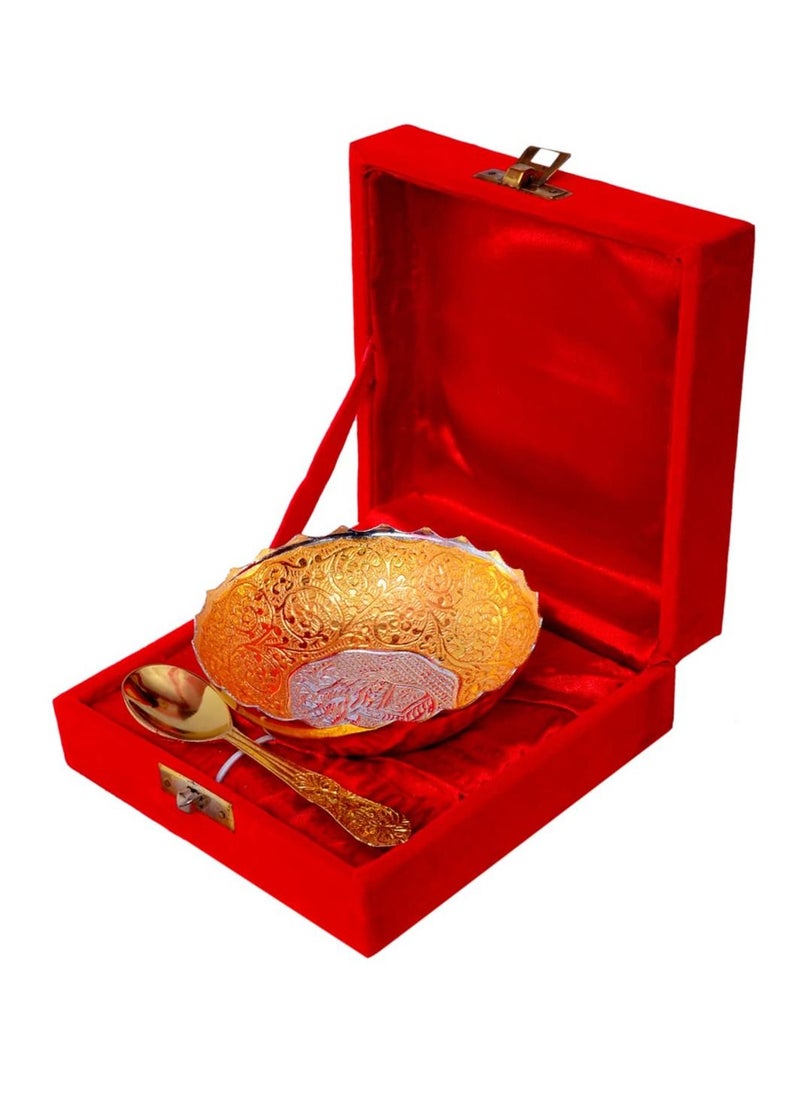 Generic - NOG German Silver Gift Items for Gift, Peacock Carved Bowl with Spoon Set (Standard Size, Pack of 2/ Gift Pack) with Beautiful Gifting Box - Set of 2 // 1 Bowl, 1 Spoon in a Red Velvet Gift Box - Image 1