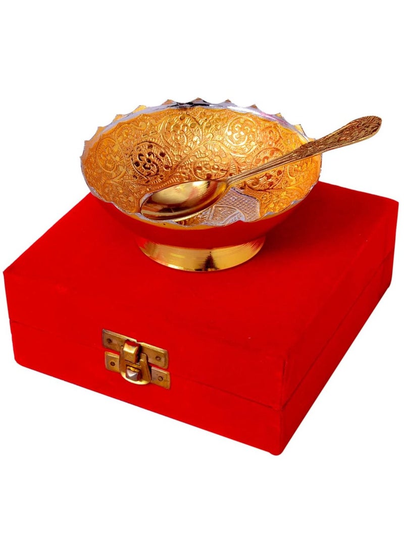 Generic - NOG German Silver Gift Items for Gift, Peacock Carved Bowl with Spoon Set (Standard Size, Pack of 2/ Gift Pack) with Beautiful Gifting Box - Set of 2 // 1 Bowl, 1 Spoon in a Red Velvet Gift Box - Image 1