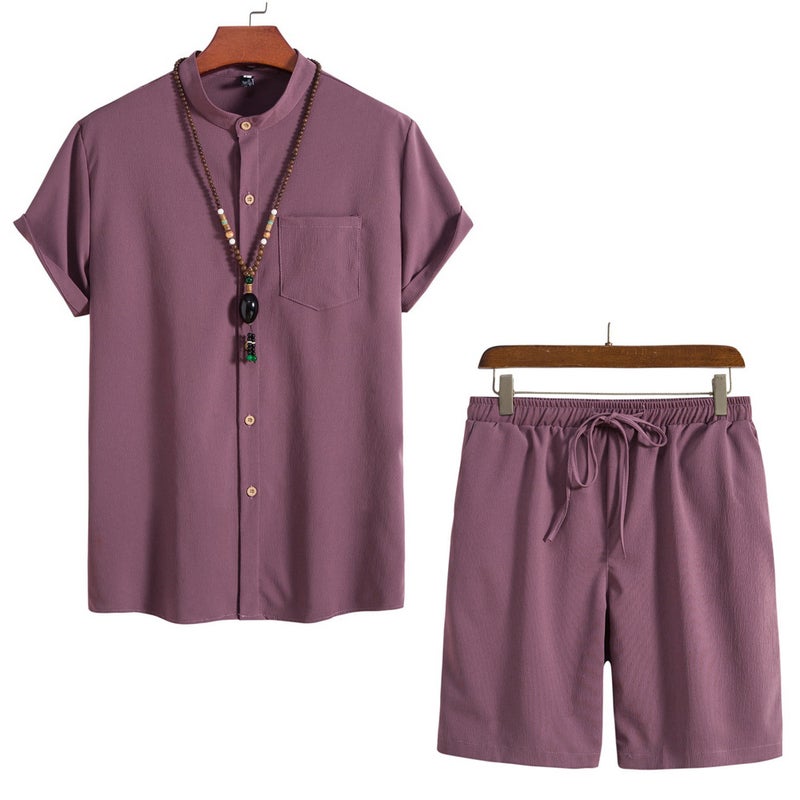 2023 summer mens Chinese style short sleeve retro shirt solid color beach pants shorts suit Wine red