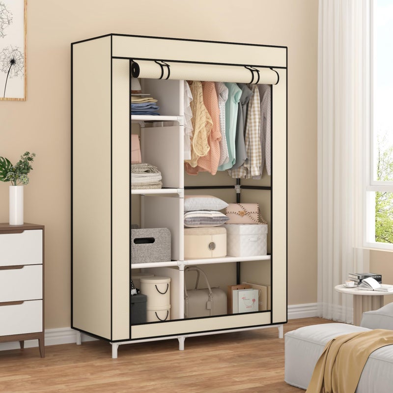 Calmootey Portable Closet Organizers, Clothing Storage, Wardrobe with 6 Shelves and Hanging Rod, Non-Woven Fabric Cover with 4 Side Pockets, Beige - Image 4