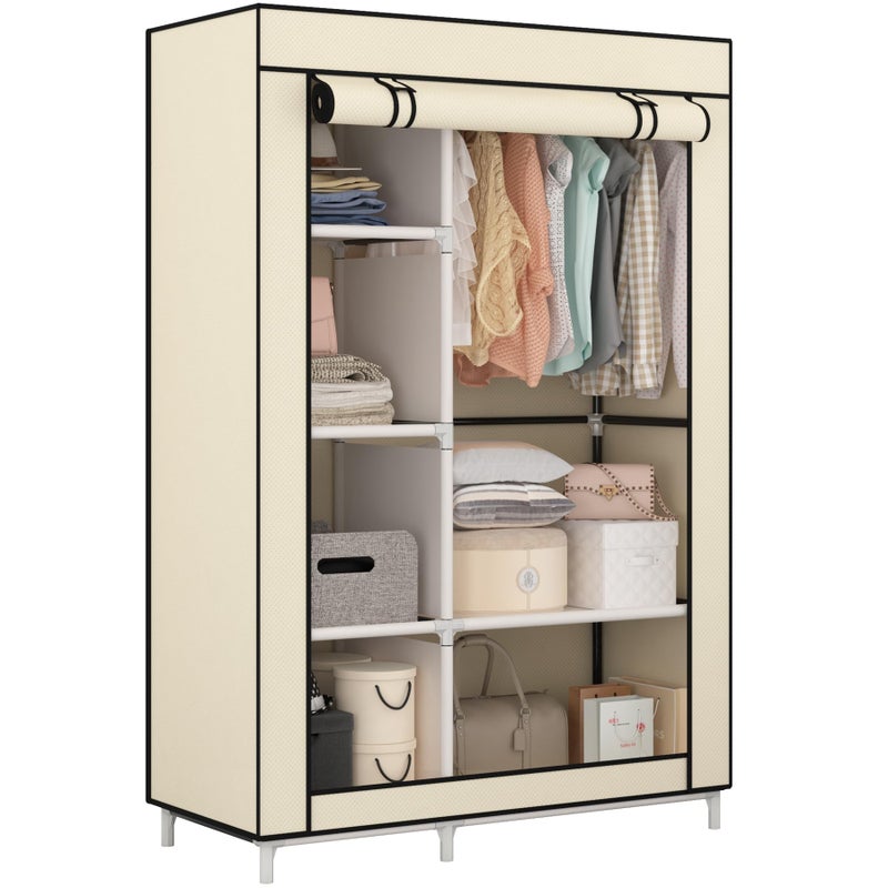 Calmootey Portable Closet Organizers, Clothing Storage, Wardrobe with 6 Shelves and Hanging Rod, Non-Woven Fabric Cover with 4 Side Pockets, Beige - Image 1