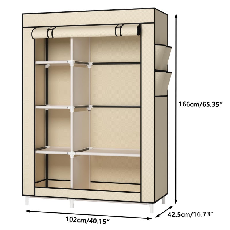 Calmootey Portable Closet Organizers, Clothing Storage, Wardrobe with 6 Shelves and Hanging Rod, Non-Woven Fabric Cover with 4 Side Pockets, Beige - Image 3