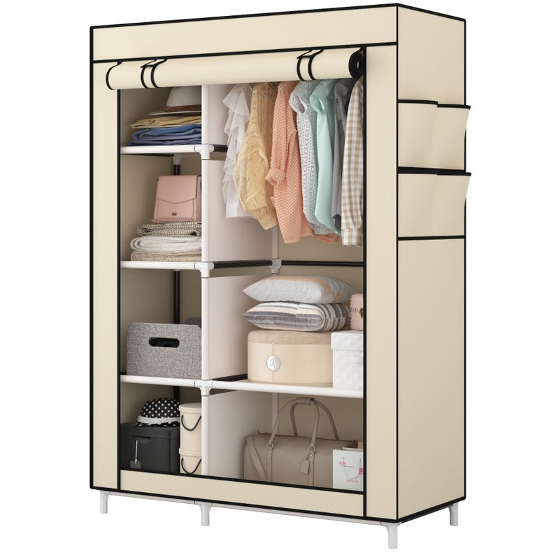 Calmootey Portable Closet Organizers, Clothing Storage, Wardrobe with 6 Shelves and Hanging Rod, Non-Woven Fabric Cover with 4 Side Pockets, Beige - Image 2
