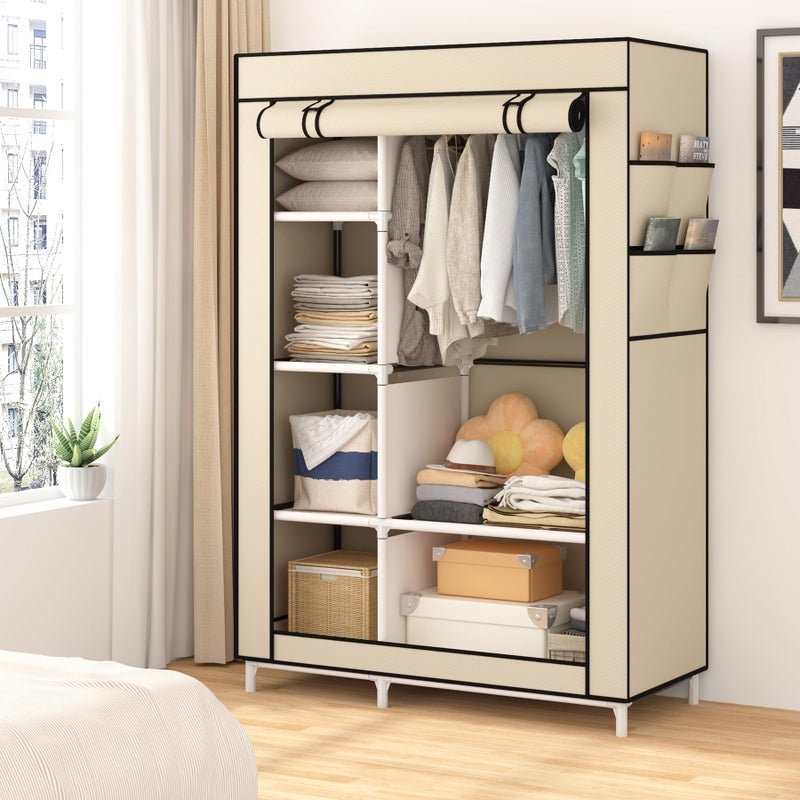 Calmootey Portable Closet Organizers, Clothing Storage, Wardrobe with 6 Shelves and Hanging Rod, Non-Woven Fabric Cover with 4 Side Pockets, Beige - Image 5