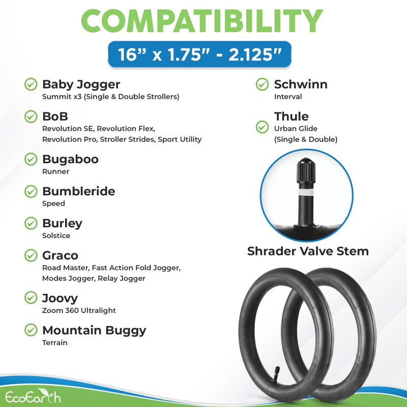 EcoEarth Inner Tube Tire Replacements (2 Pack, 16â€ x 1.5/1.75/1.95/2.125) for Kids Bike & Jogging Stroller, Compatible w/All Brands: BoB Revolution Flex/Pro/SE/SU, Graco, Go Jogging & More - Image 4