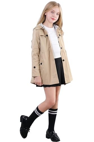 Betusline Little Girls Khaki Hooded Trench Coat Button Up Jacket Hoodie, Khaki, 9-10 Years = Tag 150 - Image 3