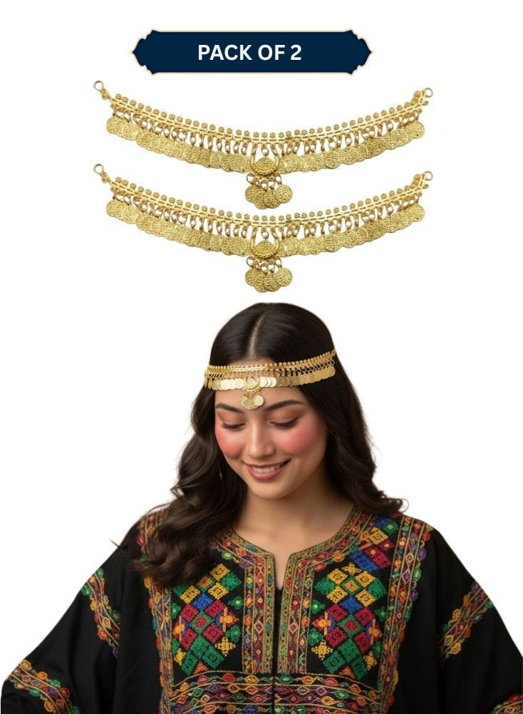 بريميم مجوهرات رأس ذهبية تقليدية من عسيري للنساء - غطاء رأس تراثي ليوم التأسيس السعودي بتفاصيل العملات المعدنية، زينة شعر عسيرية كلاسيكية لتنسيقها مع الجلابيات والأزياء الثقافية (عبوة من قطعتين) - Image 1