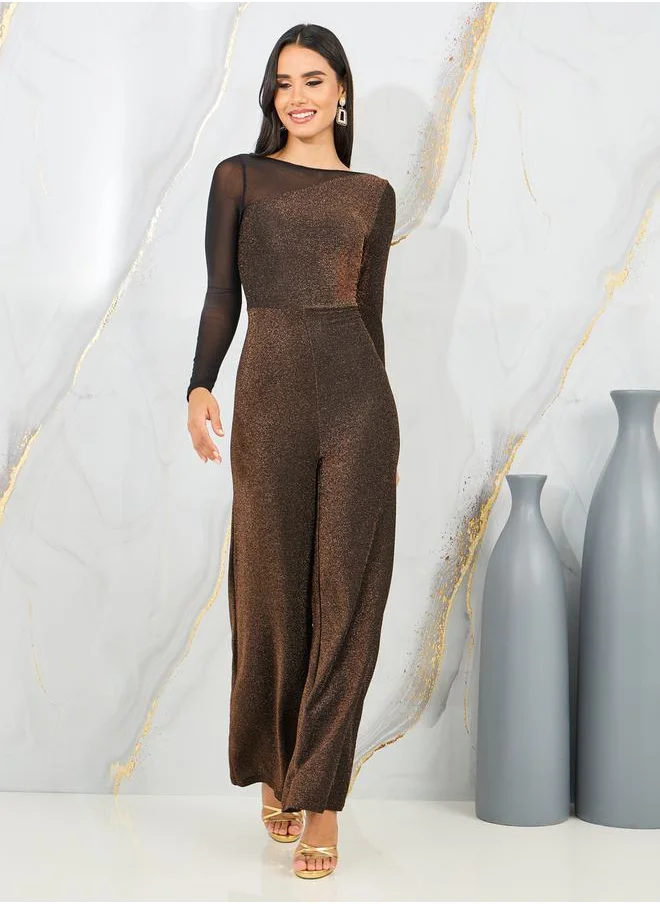 Styli Shimmer Knit Mesh Insert Wide Leg Jumpsuit