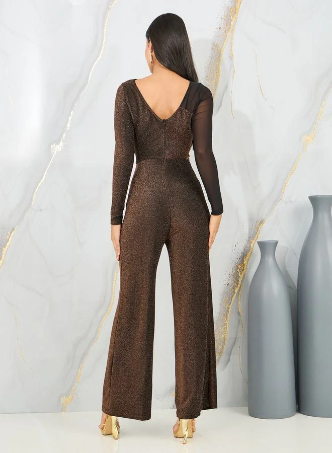 ستايلي Shimmer Knit Mesh Insert Wide Leg Jumpsuit