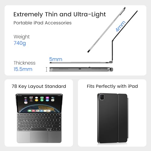 doqo Keyboard Case for iPad Pro 13 inch (M5 2025/M4 2024) Magic Style Magnetic Keyboard Case with Multi-Touch Trackpad Slim 7colors Backlit Aluminum Alloy Black - Image 5