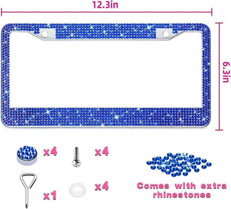 OKLPF Bling License Plate Frame for Women, Sparkly Stainless Steel License Plate Frames| Over 1200 pcs 14 Facets Bedazzled Clear Glass Diamond Rhinestone Crystals w/Free Glitter Diamond (Dark Blue) Global production standard crafted - Image 2