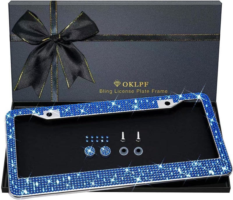 OKLPF Bling License Plate Frame for Women, Sparkly Stainless Steel License Plate Frames| Over 1200 pcs 14 Facets Bedazzled Clear Glass Diamond Rhinestone Crystals w/Free Glitter Diamond (Dark Blue) Global production standard crafted - Image 1