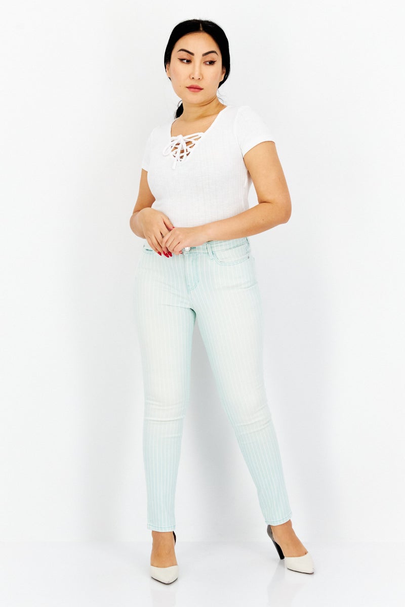 GUESS Women Skinny Fit Stipes Pants, Turquoise  - Image 3