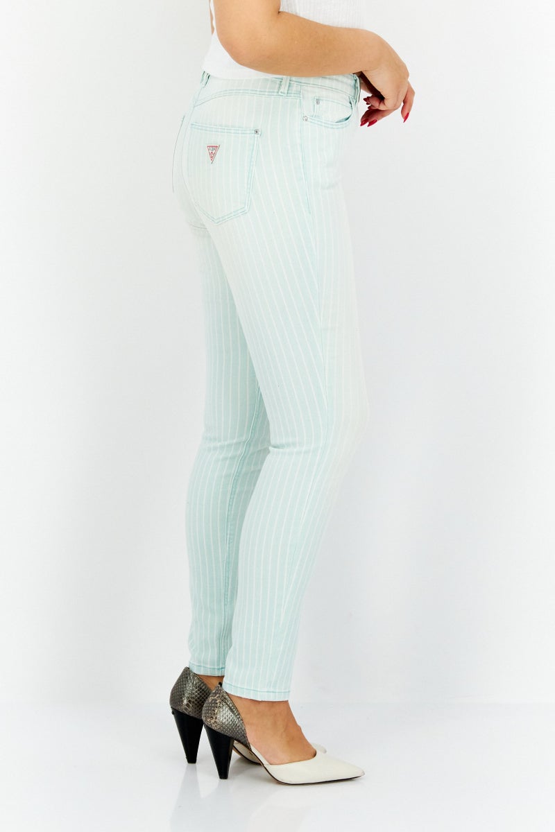 GUESS Women Skinny Fit Stipes Pants, Turquoise - Image 4