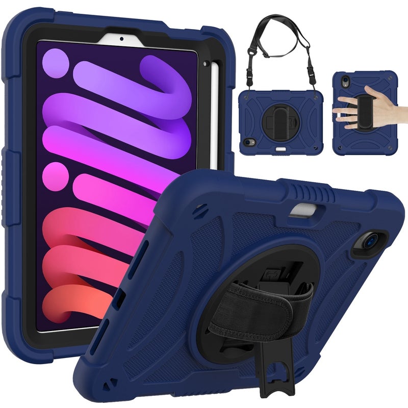 HuHa Protective Cover For iPad mini 6 / mini 2024 PC Hybrid Silicone Tablet Case with Holder & Hand Strap & Shoulder Strap(Navy Blue) - Image 1